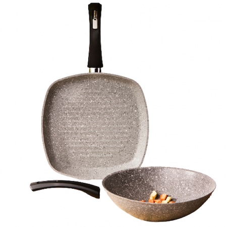 Set 2 Tigai Gris, Karaca, Biogranit, Tigaie Grill 28 cm si Tigaie Wok 26 cm, Gri