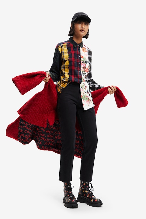 DESIGUAL, Риза с капси и дизайн на кръпки, Червен/Черен/Жълт