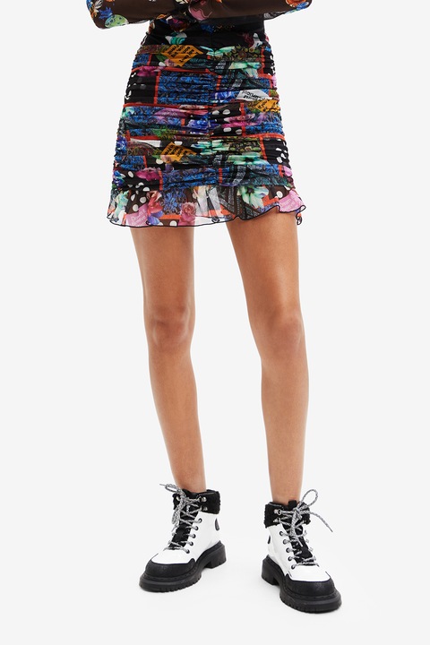 DESIGUAL, Къса крепирана пола, Черен/Кралско Синьо
