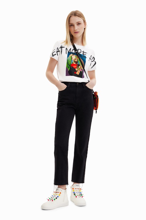 DESIGUAL, Tricou de bumbac cu imprimeu foto si text, Alb