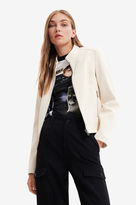 DESIGUAL, Jacheta de piele ecologica cu buzunare cu fermoar, Alb murdar