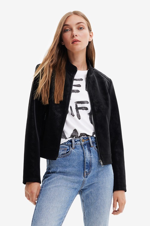 DESIGUAL, Jacheta de piele ecologica cu buzunare cu fermoar, Negru