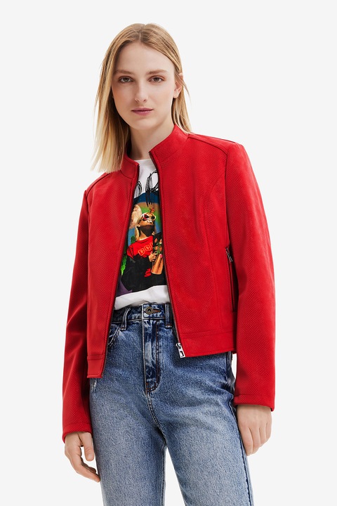 DESIGUAL, Jacheta de piele ecologica cu buzunare cu fermoar, Rosu