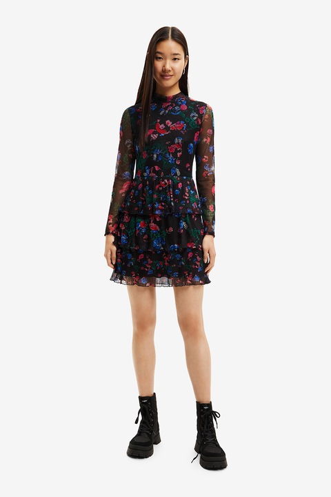 DESIGUAL, Rochie mini cu terminatie stratificata, Negru/Verde englez