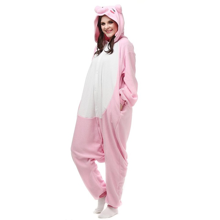 Pijama salopeta pentru copii, KIGURUMI, model Porcusor, culoare roz, Onesie, 5-6 ani