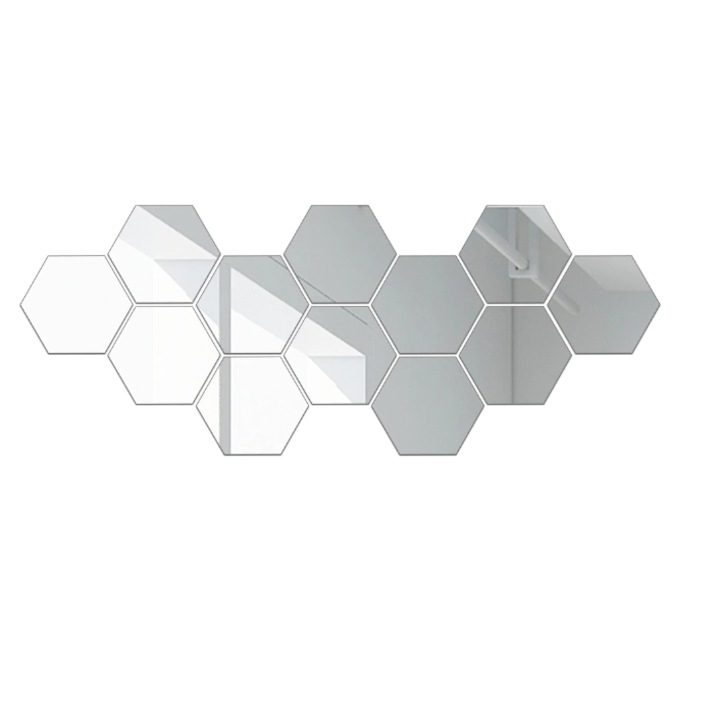 12 db Ventoo® akrilüveg tükör készlet, hatszögletű modell, 100 x 85 x 50 mm, ezüst