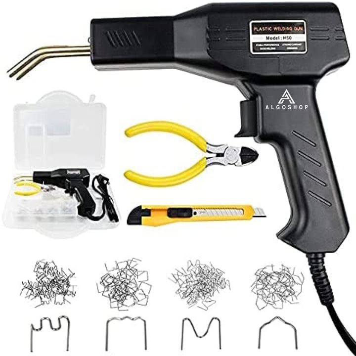 Aparat profesional pentru lipit si sudat plastic, Putere 50W, Kit Trusa cu 200 de Capse intarire, Cleste, Cutter si Pistol pentru repararea, imbinarea fisurilor piese masini si obiecte casnice, Negru