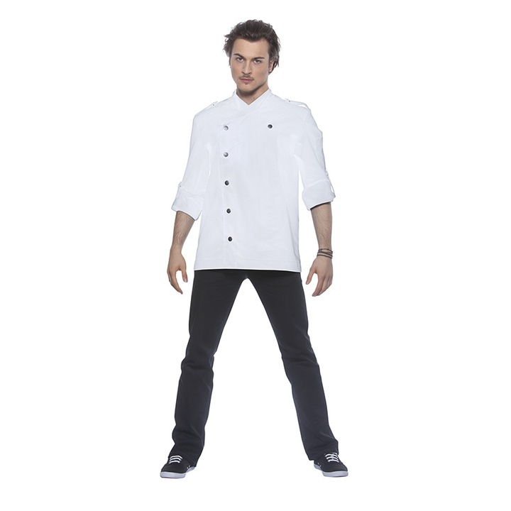 Jacheta de bucatar pentru ospitalitate, alba, inchidere cu capse, buzunar pe bratul stang cu suport pentru pix, marimea 52