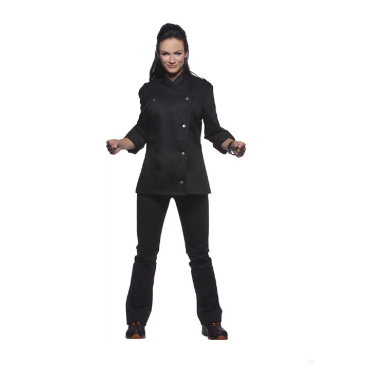 Дамско яке за готвач, черно, памучно, джоб за ръка с 4 щраквания и държач за химикал, вентилационни отвори, размер 38