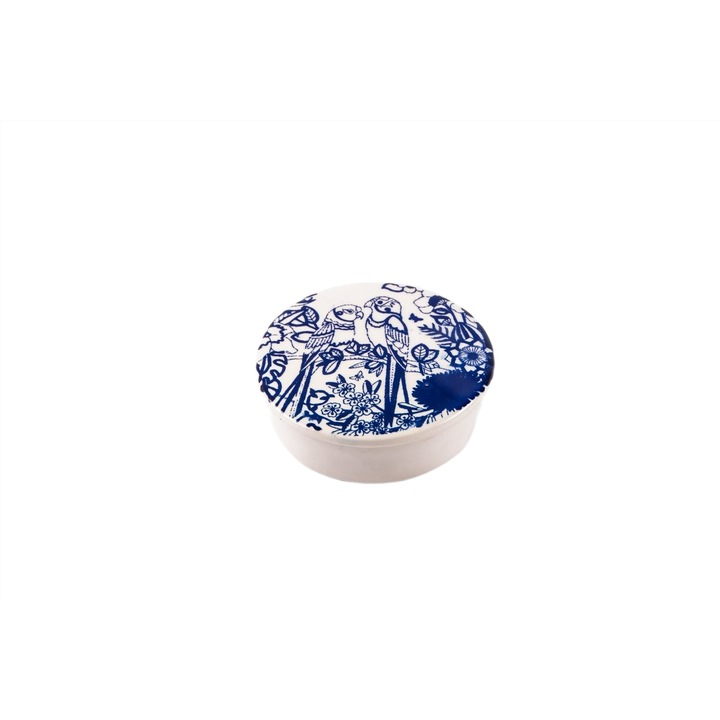 Cutie decorativa rotunda papagal din ceramica, realizata manual, 11x11x4 cm