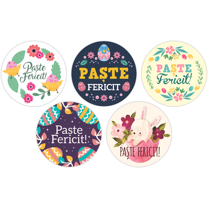 Set 4 role etichete autoadezive personalizate, Paste Fericit, diametru 40 mm, 1000 buc/rola
