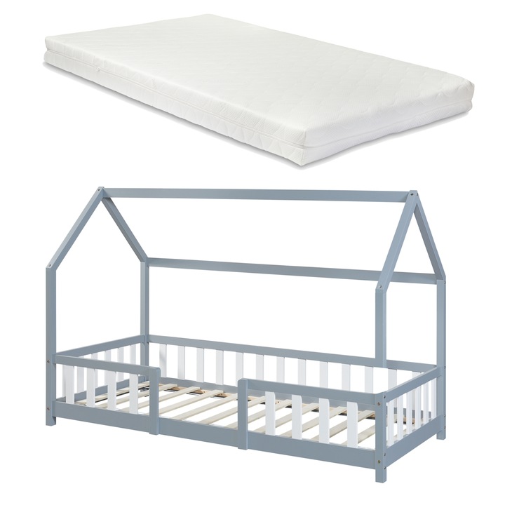 Pat copii, en.casa, Sisimiut, HGW90, 90 x 200 cm, 100 Kg, lemn, brad, gri, alb, cu saltea