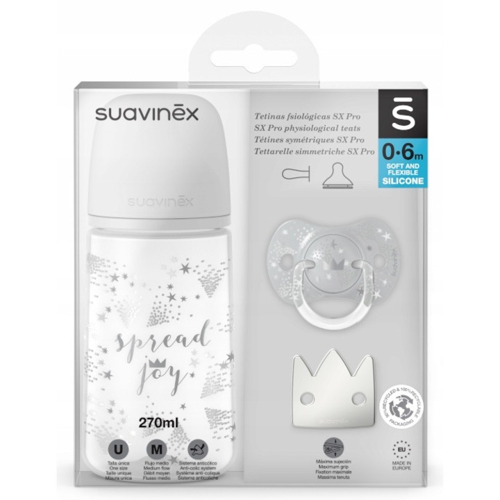 Set biberon 270ml + suzeta 0-6L + clema coroana gri, SUAVINEX