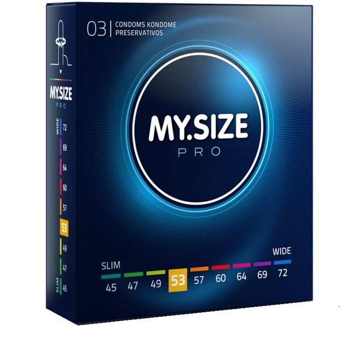 Комплект премиум презервативи My Size PRO, тънки и устойчиви, размер 53 mm, 1 кутия x 3 бр.