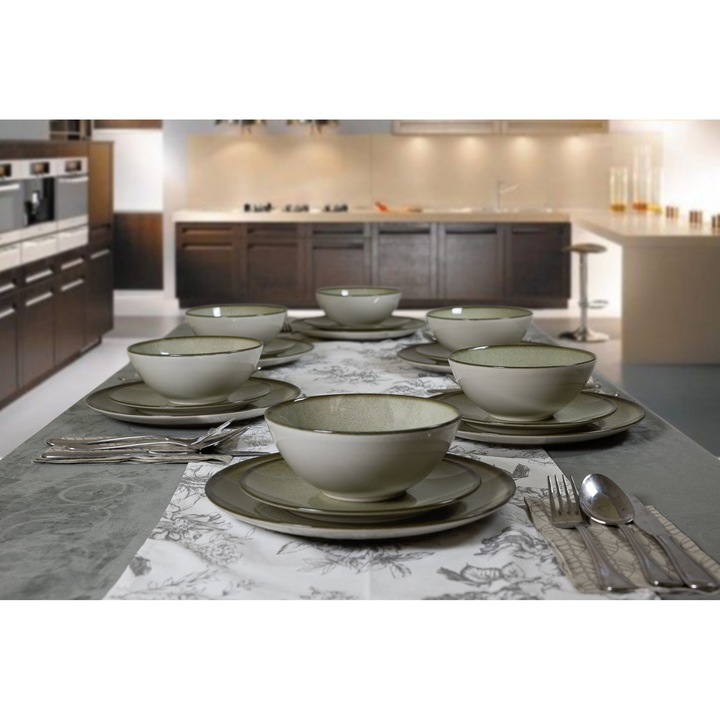 Set Complet Serviciu De Masa, Earth Green, 18 piese, Cesiro, Alb Ivoire lucios cu verde