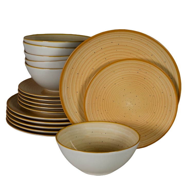 Пълен сервиз за маса, Sundown, 18 части, Cesiro, лъскава бяла слонова кост с жълто