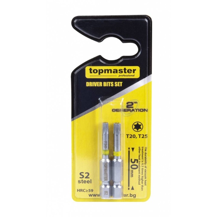 2 db torx bites készlet, Topmaster 338715, T20, T25, hatszögletű foglalat 1/4", hossza 50 mm