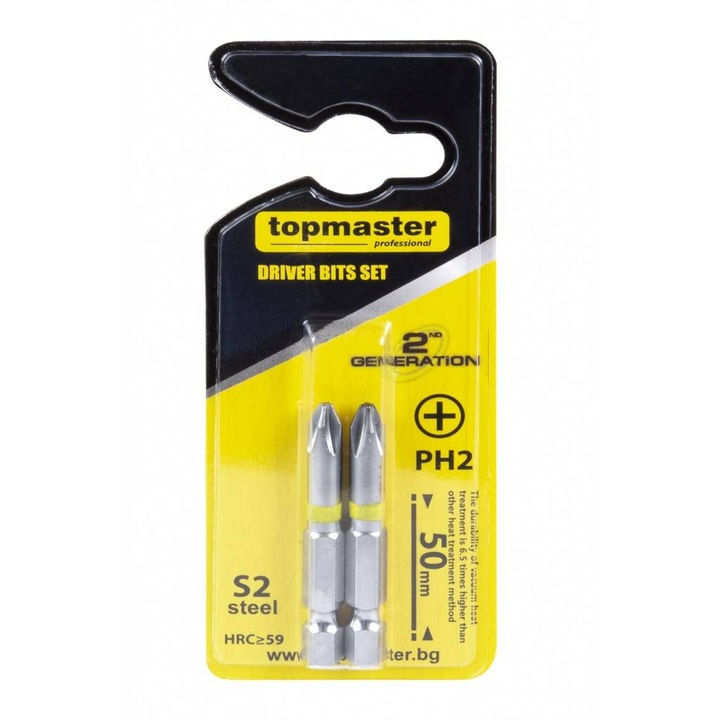 Set 2 biti cruce PH2, Topmaster 338709, prindere hexagonala 1/4", lungime 50 mm