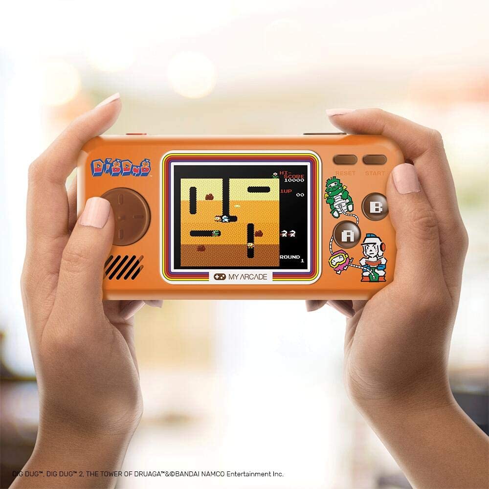 Consola gaming retro portabila MyArcade, Dig Dug Pocket Player, 3 jocuri, display color 2.75”, design compact, difuzor integrat, port jack 3.5 mm, portocaliu