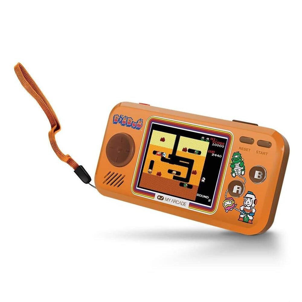 Consola gaming retro portabila MyArcade, Dig Dug Pocket Player, 3 jocuri, display color 2.75”, design compact, difuzor integrat, port jack 3.5 mm, portocaliu