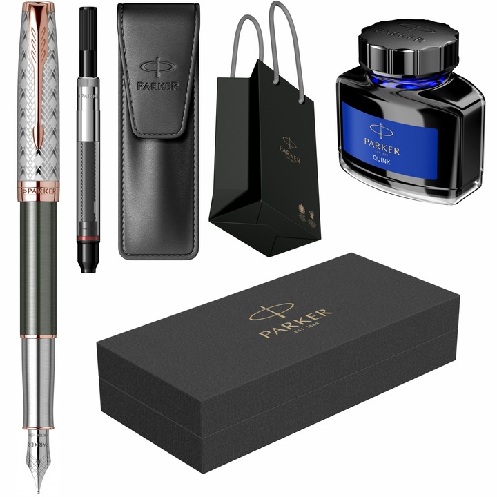 Stilou Parker Sonnet Royal Metal & Grey PGT cu penita din aur de 18k, convertor DeLuxe montat, etui Leather Black, calimara cerneala si punga Parker