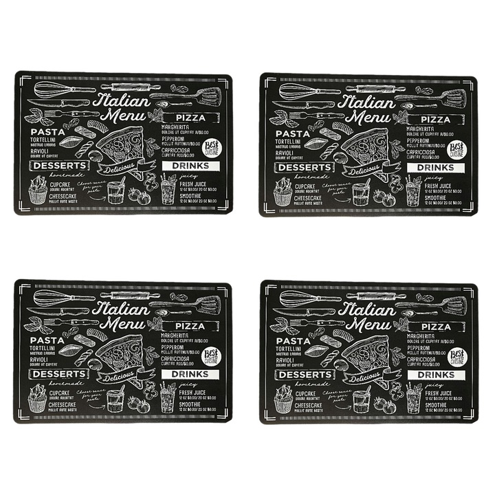 Set 4 buc Suport Farfurie, Model Meniu Italian, Protectie Masa, Decorativ, Negru, Alb, 43,5x28,5cm