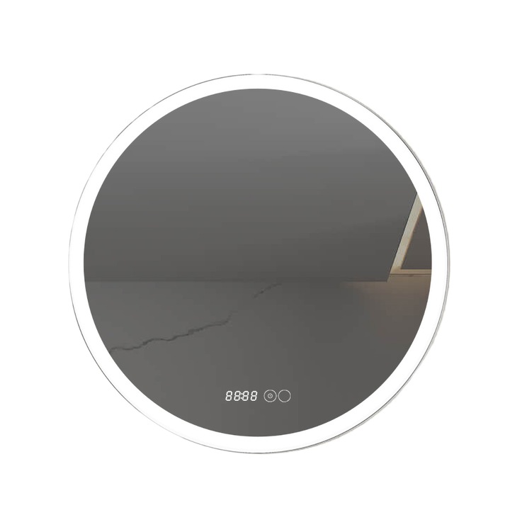 Fürdőszoba tükör, LED világítás, IP44, 80x80cm, Naimeed D4216, Páramentesítő funkció, Érintőgomb, Óra