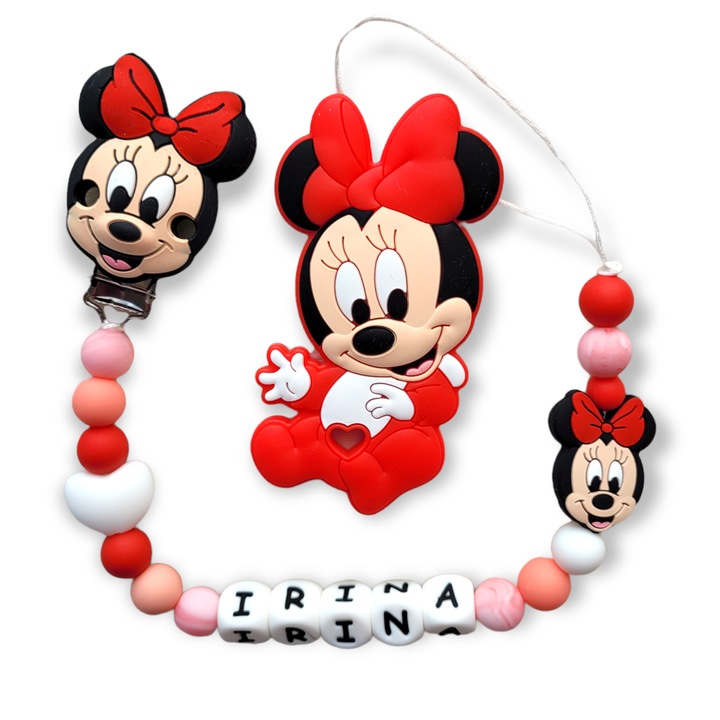 Set 2 piese, Lantisor pentru suzeta din silicon alimentar, personalizat si jucarie dentitie, Minnie rosu
