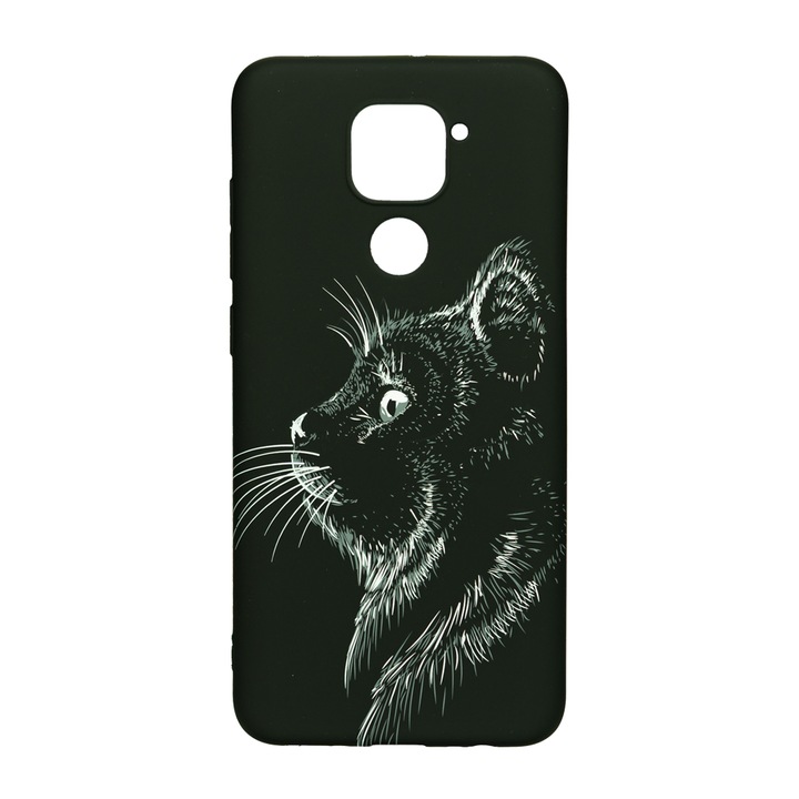 Husa de telefon, LUXO, compatibila cu Xiaomi Redmi Note 9, model Black Cat cu efect fosforescent, TPU, multicolor