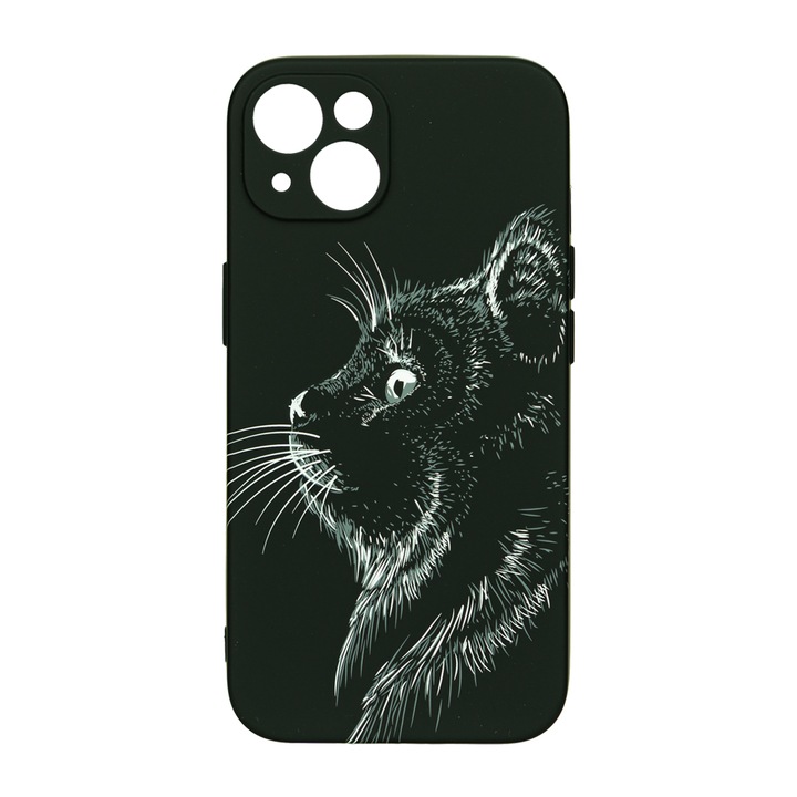 Husa de telefon, LUXO, compatibila cu iPhone 13, model Black Cat cu efect fosforescent, TPU, multicolor