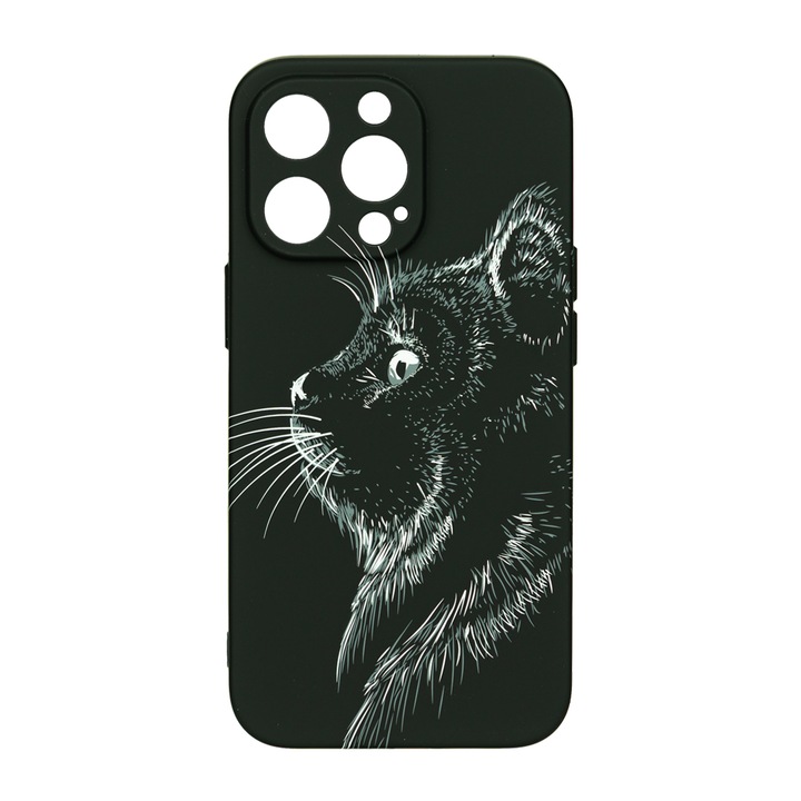 Husa de telefon, LUXO, compatibila cu iPhone 13 Pro, model Black Cat cu efect fosforescent, TPU, multicolor