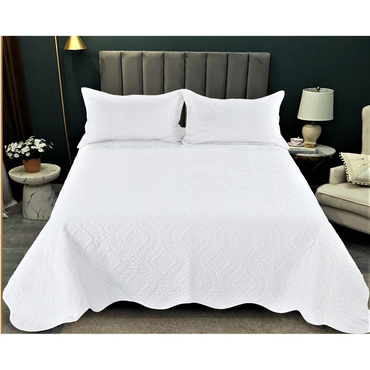 Комплект покривки за легло, кадифе, 3 части, 220x240 см, цвят Бяло