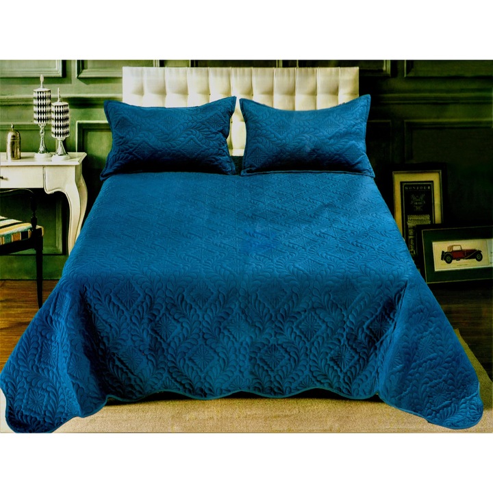 Комплект покривки за легло, Кадифе, 3 части, 220x240см, Син цвят