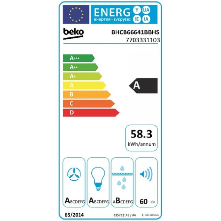 Hota incorporabila decorativa Beko BHCB66641BBHS, Putere de absorbtie 700 m3/h, 1 motor, Senzor de temperatura, Lumina ajustabila, Electronic Touchcontrol, Avertizare curatare/inlocuire filtru, Panou sticla, Negru