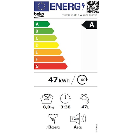 Masina de spalat rufe Beko B3WFU584110W, 8 kg, 1400 rpm, Clasa A, SteamTherapy, SteamCure, Recycled Tub, ProSmart Inverter Motor, Homewhiz through Bluetooth, AddXtra, Alb