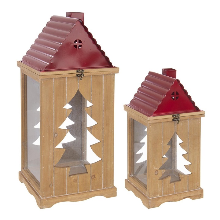 Set 2 felinare din lemn natur metal rosu Noel 28x27x60 cm, 22x22x43 cm