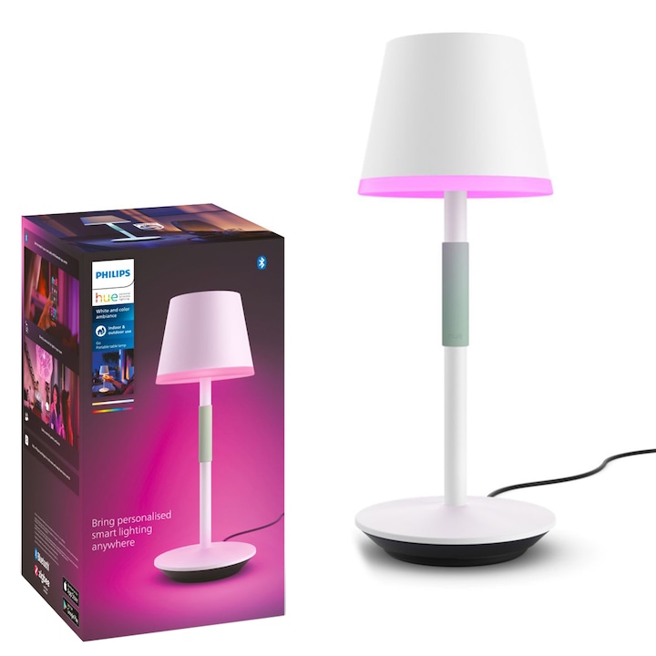 Lampa de masa LED RGB inteligenta Philips Hue Go, Bluetooth, cu acumulator, dimabila, 530 lm, lumina alba si color (2000-6500K), 35 cm, Metal, Alb, clasa energetica G