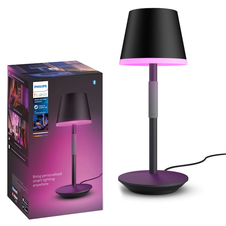 Lampa de masa LED RGB inteligenta Philips Hue Go, Bluetooth, cu acumulator, dimabila, 530 lm, LED RGB, lumina alba si color (2000-6500K), 35 cm, Metal, Negru, clasa energetica G