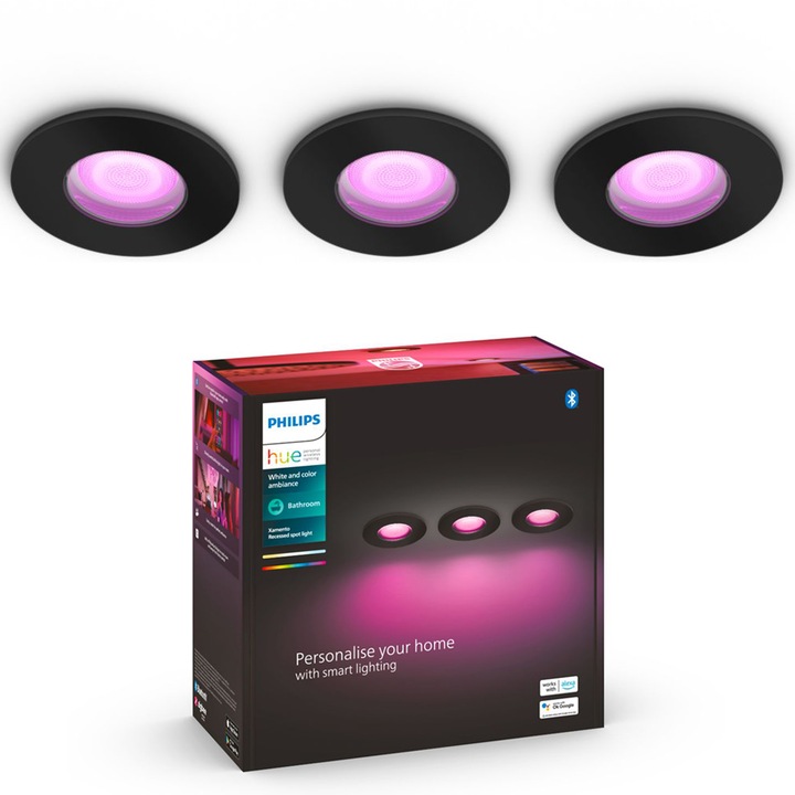 Pachet 3 spoturi incastrate LED RGB inteligente Philips Hue Centura, Bluetooth, GU10, 3x5.7W, 1050 lm, lumina alba si color (2000-6500K), IP44, 9.4cm, Negru, clasa energetica G