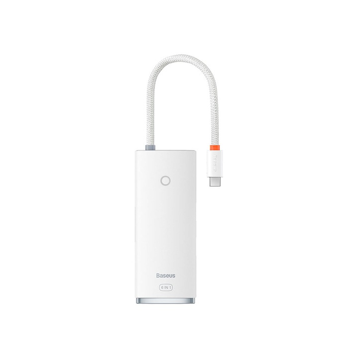HUB адаптер, Baseus Lite, с 6 порта, 2 x USB 3.0, 1 x HDMI, 1 x USB-C PD, 1 x SD/TF, бял