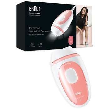 Epilator IPL Braun IPL Silk·expert Mini PL1000, SensoAdapt, 300.000 impulsuri, 3 niveluri de intensitate, corp si fata, Alb/Roz