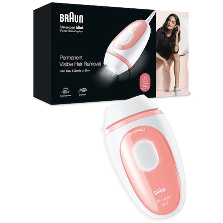 Epilator IPL Braun IPL Silk·expert Mini PL1000, SensoAdapt, 300.000 impulsuri, 3 niveluri de intensitate, corp si fata, Alb/Roz