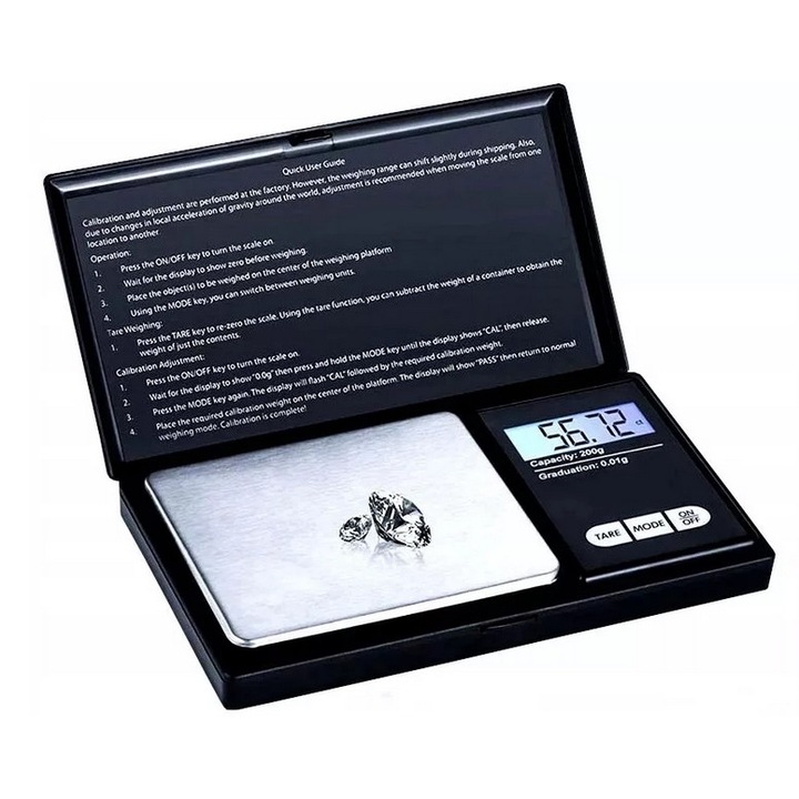 Cantar de precizie, Pentru bijuterii, 200g, Ecran LCD, Negru