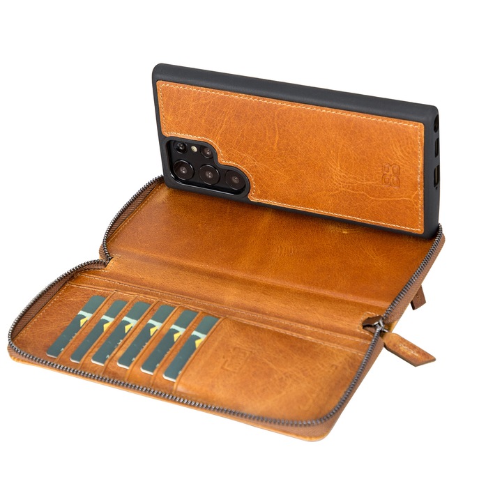 Калъф Bouletta, за Samsung Galaxy S22 Ultra, Pouch Magic Wallet, Тип Портфейл, С включен подвижен заден капак, 2в1, От естествена кожа, Кафяв