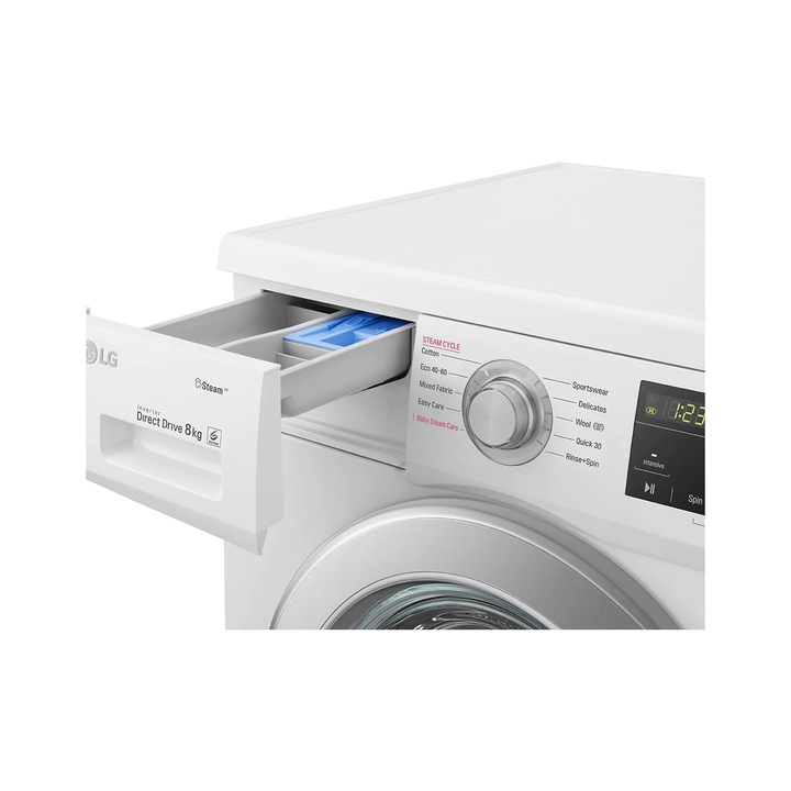 Masina de spalat rufe LG F4J3TS4WE, 8 kg, 1400 rpm, Motor Inverter Direct Drive, Clasa D, Smart Diagnosis, Steam, Alb
