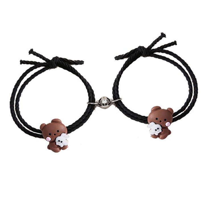Páros karkötő szett mágnessel, 2 részes, állítható, fekete zsinór típusú, medve medál, unisex, EFAYN
