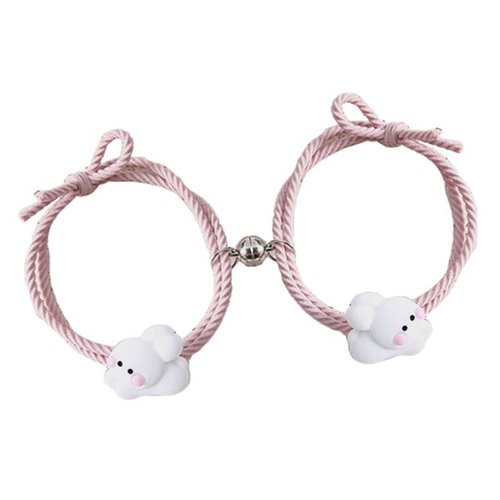 Set bratari cuplu cu magnet, 2 bucati, reglabile, tip sfoara roz, pandantiv iepurasi, unisex, EFAYN