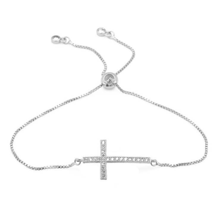 Bratara dama, pandantiv cruce cu cristale semipretioase, zirconiu, tip tenis, argintie, reglabila, EFAYN