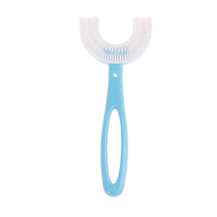 Periuta de dinti in forma de U pentru copii Lala KiDs, din silicon moale, albastru, design jucaus, lungime 12 cm, varsta 2-6 ani, 100% fara BPA