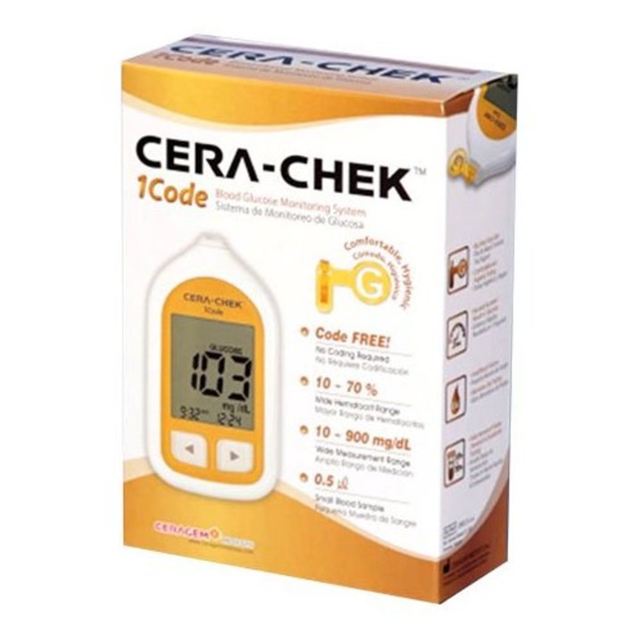 Комплект глюкомер Cera-Chek 1code, 50 теста за кръвна захар и 50 стерилни игли